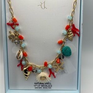 Gold-Tone Turquoise & Coral Shell Charm Necklace